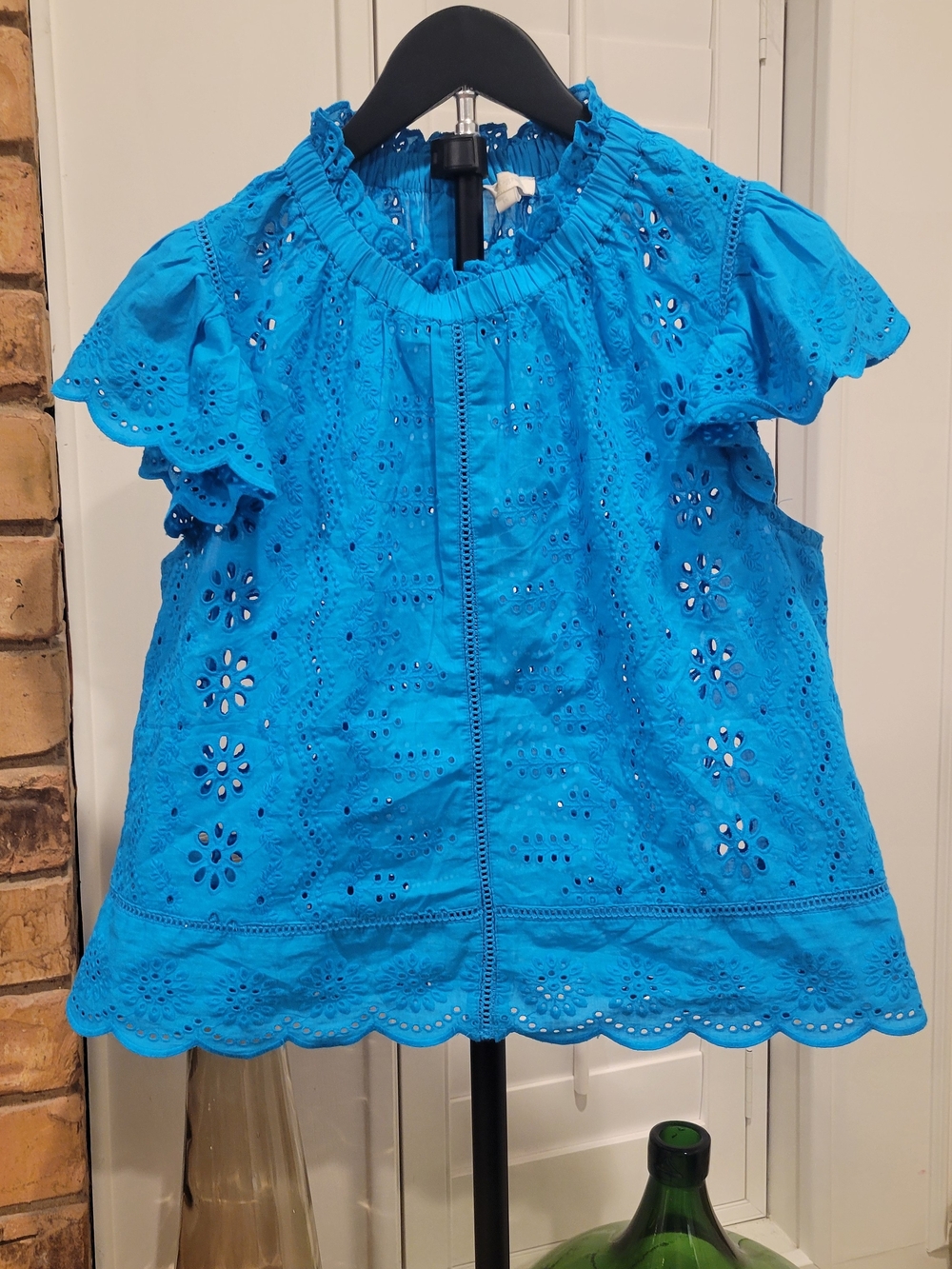 Blue Eyelet Flutter Sleeve Blouse